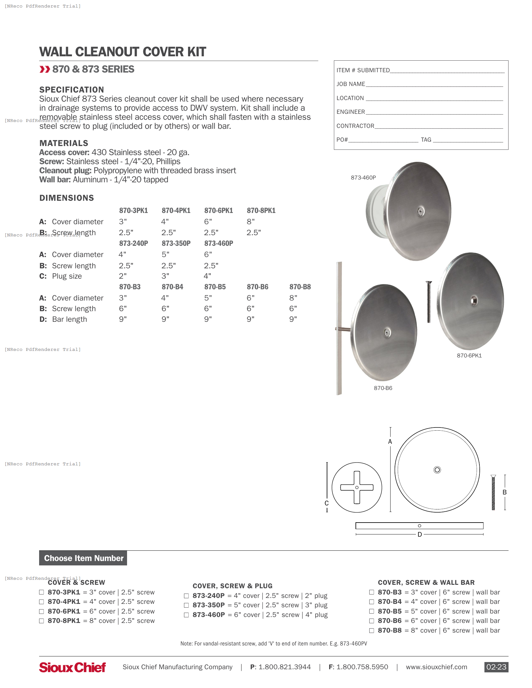 870 & 873 SERIES - WALL CLEANOUT KIT - SPEC SHEET.PDF Specification Document